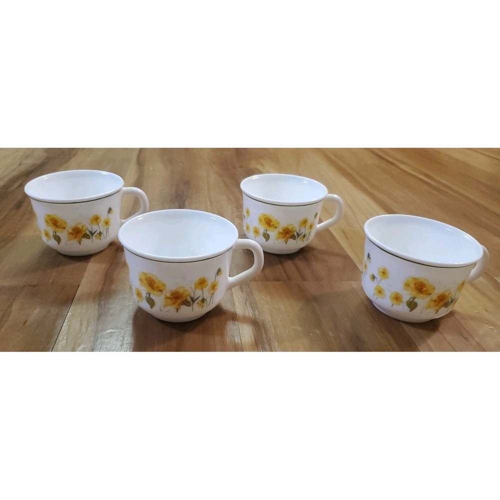 Arcopal France Yellow Poppy Milk Glass Cups Set of 4‎